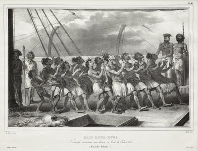 Houa-Houa-bugten, Indfødte, der udfører en dans om bord på Astrolabe (New Zealand), [Uawa/Tolaga Bay, Natives Performing a Haka on Board the Astrolabe (New Zealand)] af Auguste Raffet
