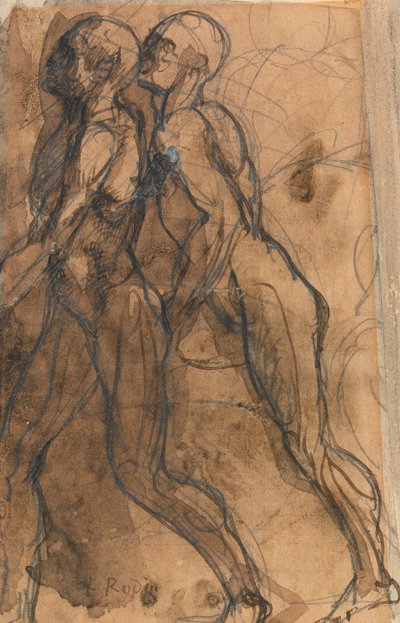 The Shades nærmer sig Dante og Virgil (grafit, pen og mørk sepia vask på brunpapir) af Auguste Rodin
