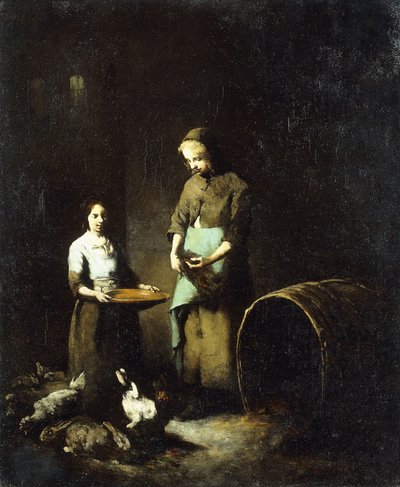 Unge bondepiger fodrer gårddyr, af Auguste Theodule Ribot