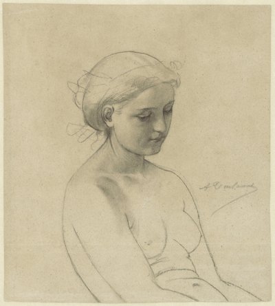 Siddende nøgen kvinde, tre fjerdedele til højre, halvlængde af Auguste Toulmouche