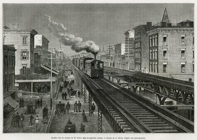 Dobbeltspor af Airline Railway på Seventh Avenue, New York, New York. Edouard de Laveleye, i 1878-1879, offentliggjort i Tour du monde under ledelse af Edouard Charton (1807-1890) af Auguste Victor Deroy