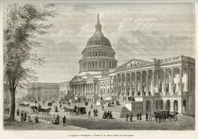 Capitol, sæde for den lovgivende forsamling, bygget mellem 1793 og 1830, i Washington (District of Columbia), hovedstaden i USA. Gravering efter A.Deroys tegning, for at illustrere historien La conquete blanche, af William Hepworth Dixon, i 1875, s. af Auguste Victor Deroy