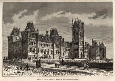Parlamentspaladset i Ottawa, bygget mellem 1859 og 1876, indgraveret efter en tegning af A.Deroy, der illustrerer udflugten til Canada og Nordens Røde Flod, af H. De Lamotte i 1873, udgivet i "" Le tour du monde””” 1875, redigeret af Edouard af Auguste Victor Deroy