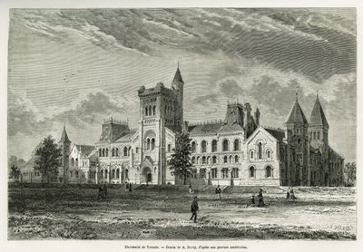 University of Toronto, tegning af A.Deroy, for at illustrere historien om en udflugt til Canada og Northern Red River i 1873 af H. de Lamotte. Indgravering i Le tour du monde af Auguste Victor Deroy