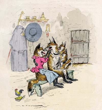 Illustration af A. Vimar til romanen de Renart (rævens roman), udgave Henri Laurens 1800-tallet - Ræven Goupil og Hermeline, hans kone, hjem, med deres børn de små ræve - af Auguste Vimar