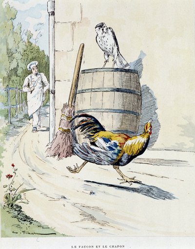 Falken og kaponen i "" fabler i La Fontaine, ill. af Auguste Vimar (1851-1916), Tours, at A, Mame & Son af Auguste Vimar