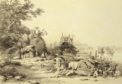 House Boats on the Bay of Cowloon, plade 6 fra Sketches of China, indgraveret af Eugene Ciceri (1813-90) 1842 (tonet litho) af Auguste after Borget