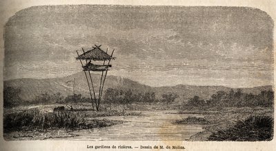 En risvagt nær Batavia (det nuværende Jakarta). Tegning af M. de Molins, for at illustrere hans rejse til Java af Auguste de Molins