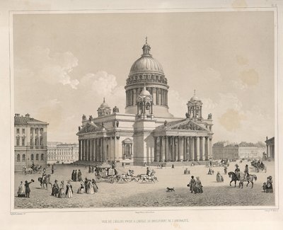 Saint Isaacs Cathedral set fra Admiralteysky Prospekt Fra: The Construction of the Saint Isaacs Cathedral, 1845 af Auguste de Montferrand