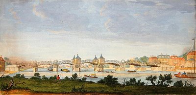 Perspektiv udsigt over Hampton Court Bridge, der krydser Themsen, indgraveret af Charles Grignion (1717-1810) ca. 1754 (farvet gravering) af Augustin (after) Heckel