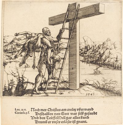Kristus stiger op på korset med synd, død og djævelen, 1547. af Augustin Hirschvogel