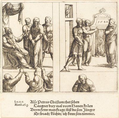 Kristus før Kaifas, og Peter fornægter Kristus, 1548. af Augustin Hirschvogel