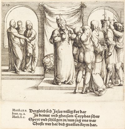 Kristus er hånet, og Caiaphas gør sine tøj, 1549. af Augustin Hirschvogel