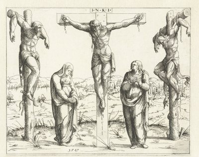 Kristus på korset og Maria og Johannes Korsfæstelse Gamle og Nye Testamentes konkordans (serietitel) Concordants alt und news Testaments (serietitel) af Augustin Hirschvogel
