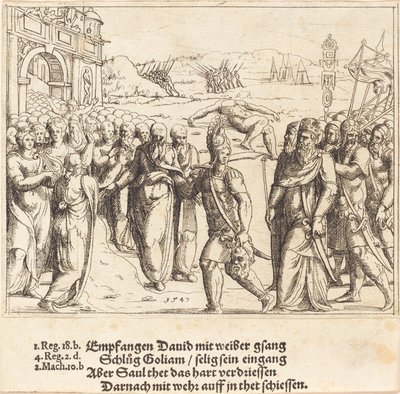 David bliver budt velkommen efter at have dræbt Goliat og Sauls jalousi, 1547. af Augustin Hirschvogel