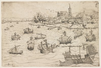 Jonas og hvalen på en sø med sejlfartøjer, 1546 af Augustin Hirschvogel