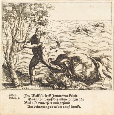 Jonas bliver udfriet fra hvalen, 1548. af Augustin Hirschvogel