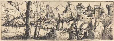 Landskab med slottet til højre, omgivet af klipper, 1546. af Augustin Hirschvogel
