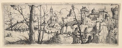 Landskab med fort og en kirke ved en flod, 1545. af Augustin Hirschvogel