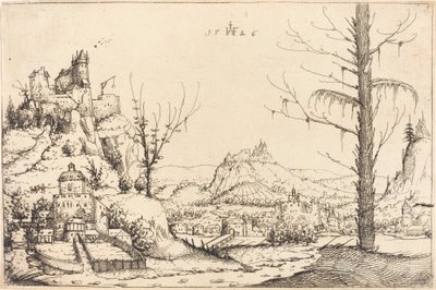 Landskab med høje klipper, flod og by, 1546. af Augustin Hirschvogel