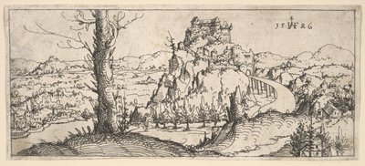 Landskab med høje klipper og fæstninger, 1546. af Augustin Hirschvogel