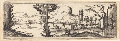 Landskab med sø og by af Augustin Hirschvogel