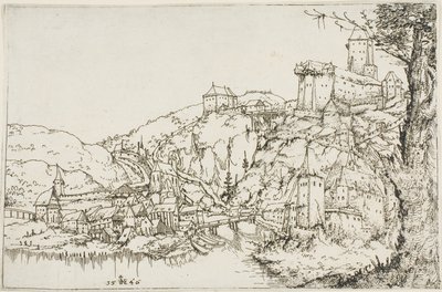 Landskab med flod, by og slot af Augustin Hirschvogel