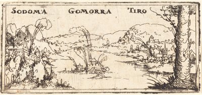 Landskab med tre brændende byer: Sodoma, Gomorra og Tyrus. af Augustin Hirschvogel