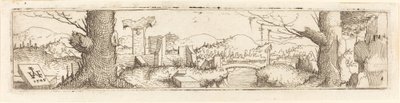Landskab med en bæk og ruiner, 1545. af Augustin Hirschvogel