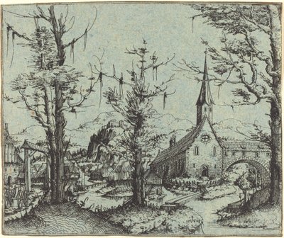 Landskab med en landsbykirke af Augustin Hirschvogel