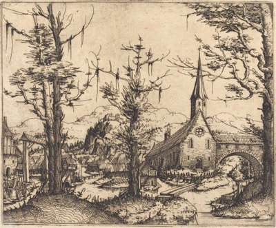 Landskab med en landsbykirke af Augustin Hirschvogel