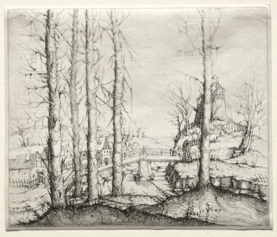 Flodlandskab med fem bare grantræer i forgrunden, 1549. af Augustin Hirschvogel