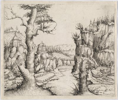 Flodlandskab med høje klipper, 1546. af Augustin Hirschvogel