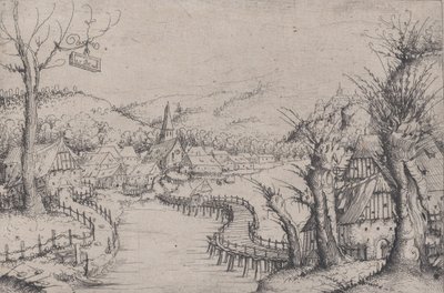 Flodlandskab med tre nøgne piletræer til højre og en lang snoet træbro ved ..., 1546. af Augustin Hirschvogel