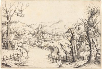Flodlandskab med træbro, 1546. af Augustin Hirschvogel