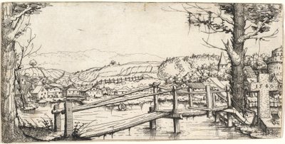 Flodlandskab med en gangbro, 1546. af Augustin Hirschvogel