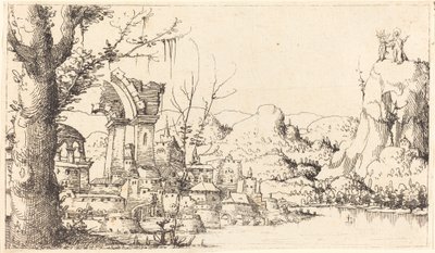Flodlandskab med Kristi fristelse, 1545. af Augustin Hirschvogel