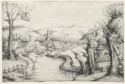 Flodlandskab med tre nøgne piletræer til højre og en lang snoet træbro..., 1546. af Augustin Hirschvogel