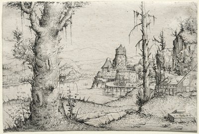 Flodlandskab med stort træ til venstre, 1546. af Augustin Hirschvogel