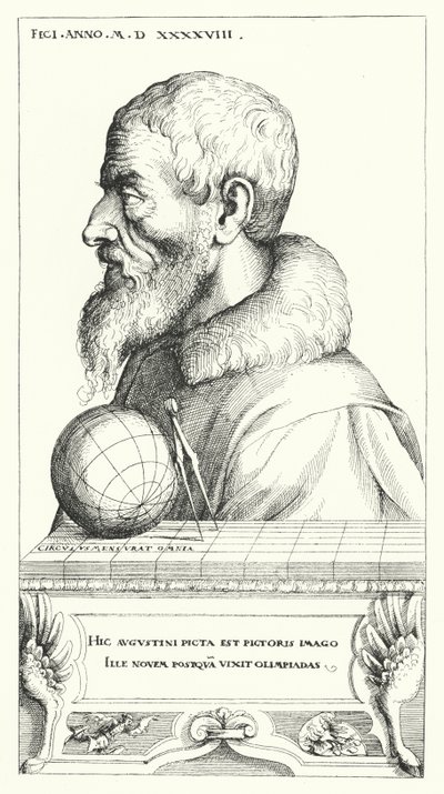 Selvportræt af Augustin Hirschvogel, tysk kunstner, matematiker og kartograf (gravering) af Augustin Hirschvogel