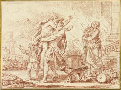 Aeneas flygter med Anchises fra Trojas ruiner af Augustin Pajou