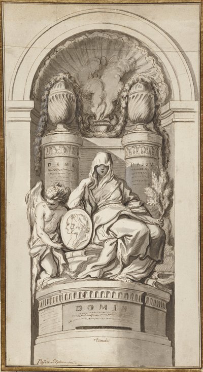 Studie til et begravelsesmonument, 1750 (sort kridt, kuglepen og brun blæk, brune og grå vaske, hvid forhøjning på to sammenføjede ark) af Augustin Pajou