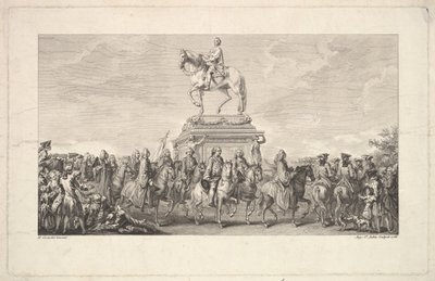 Indvielsen af Statuen af Louis XV, Vignette på side 1, fra Description des Trava..., 1766. af Augustin de Saint Aubin