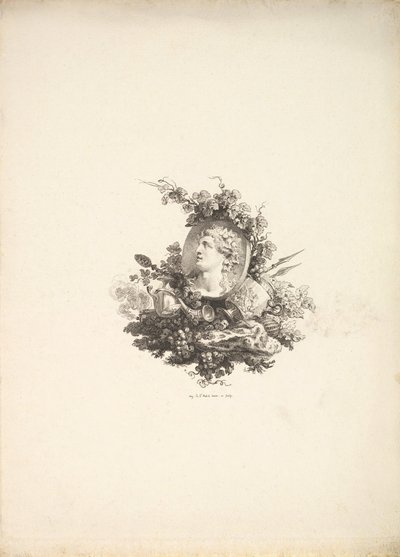 Vignette med Bacchus-hovedet på en Cornelianer, Tome I, Side 242, fra Beskrivelse de..., 1778-80. af Augustin de Saint Aubin