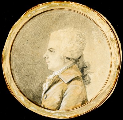 Wolfgang Amadeus Mozart - Augustin de Saint-Aubin (1736-1807). Sanguine, sort kridt og hvid farve på papir, ca 1778. Mål: D 13,8 cm. Privat samling af Augustin de Saint Aubin