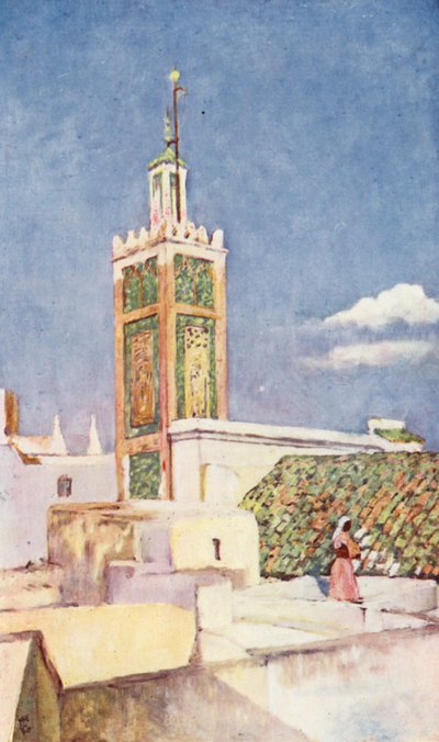 Minareten i den store moské i Tanger (farvelitografi) af Augustine Fitzgerald