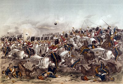 Slaget ved Balaclava. Brilliant charge of the Scots Greys, 25. oktober 1854, graveret af Augustus Butler, udgivet af Stannard and Dixon, London, 6. januar 1855 af Augustus Butler