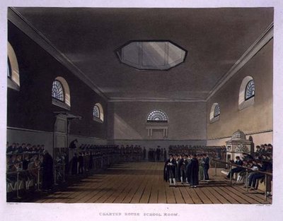 Charter House School Room, fra "History of Charter House School", en del af "History of the Colleges", graveret af J. Bluck (fl.1791-1831) udgivet af R. Ackermann. af Augustus Charles (after) Pugin