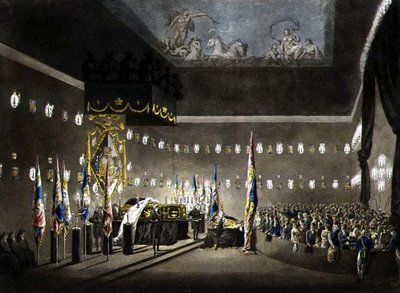 Rester af Lord Viscount Nelson, der ligger i staten i Painted Chamber på Greenwich Hospital, indgraveret af J. Merigot, pub. 1806 (farvegravering) af Augustus Charles (after) Pugin