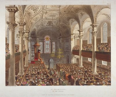 Interiør af Church of St Martin-in-the-Fields, Westminster, London, 1809 af Augustus Charles Pugin, Thomas Rowlandson